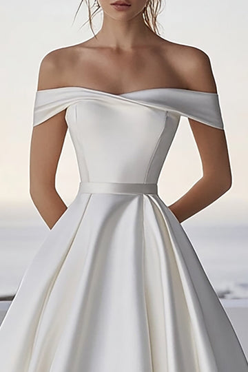 Off The Shoulder A Line Satin Ivory Wedding Dress